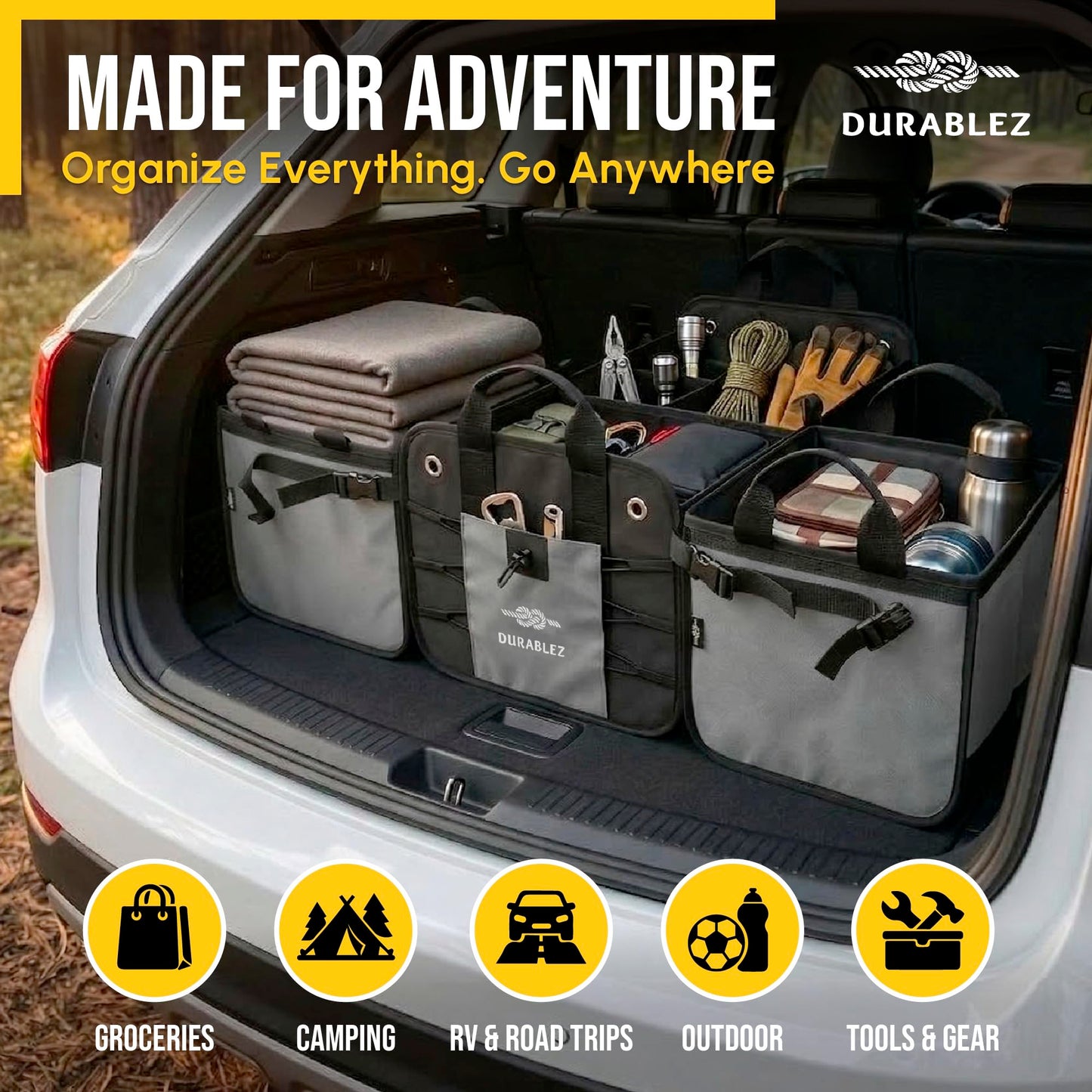 DURABLEZ Modular 4-Section XL Trunk Organizer – Car Storage for Groceries, Tools, Sports Gear, Emergency Kits – Extra Large Multi-Compartment Cargo Box, Collapsible & Heavy Duty – Gray