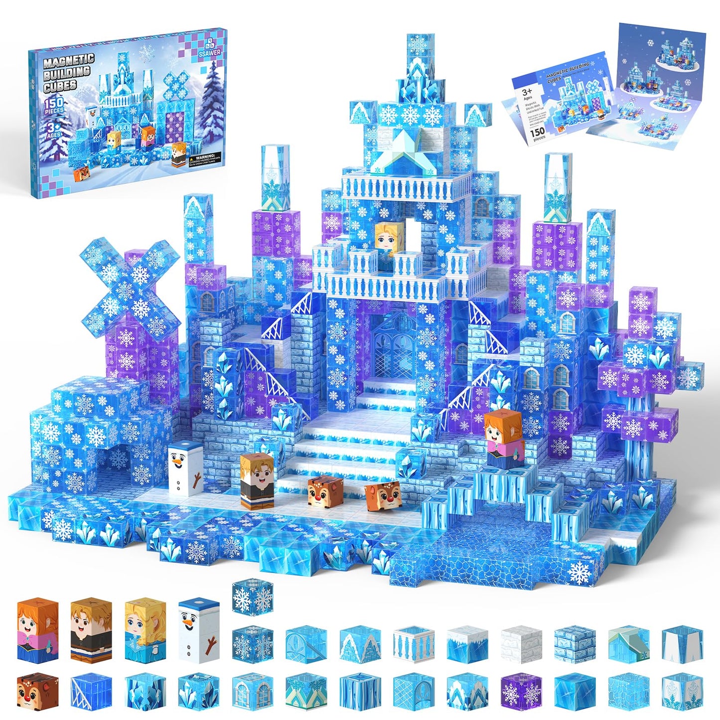 SSAWER Magnetic Blocks, 150PCS Magnetic Building Blocks, Stacking Magnets for Kids, Sensory Toy for STEM Constructions Magnet Blocks for Girls Age 3+, Christmas Birthday Gifts (Snow Castle)