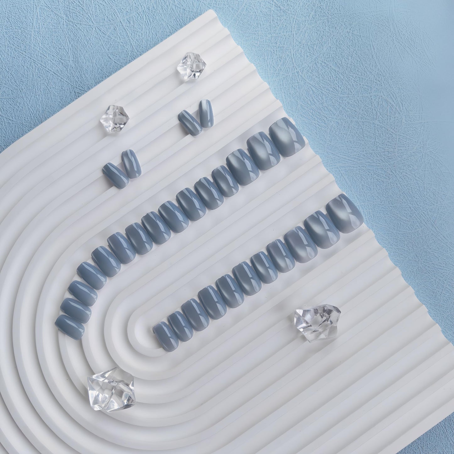 KQueenest Cat Eye Press on Nails Short, 30 Pcs Acrylic Press on Nails Coffin, Glass Soft Pastel Blue Fake Nails Press on Short, Sparkly Chrome Design, Reusable Soft Gel Glue on Nails for Women Gift