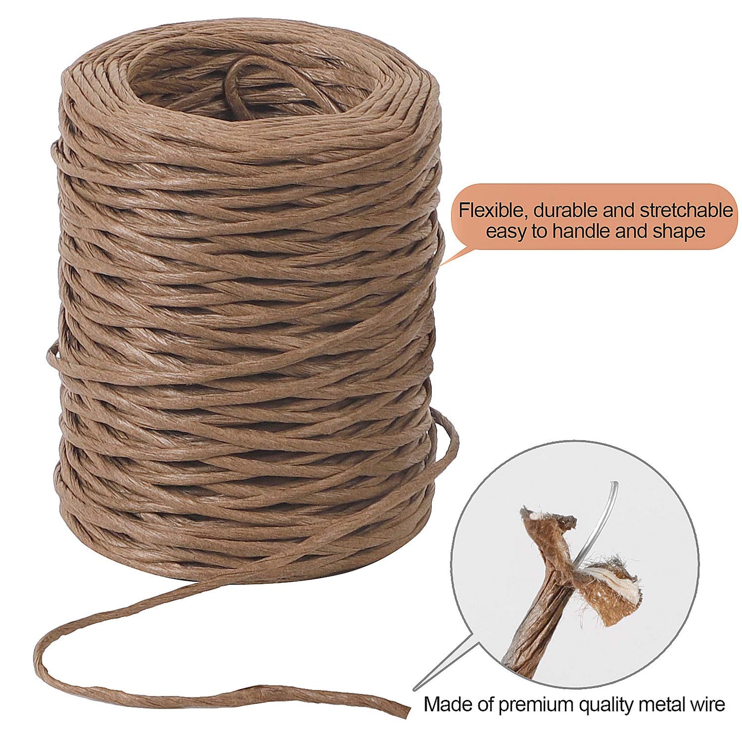 ZOENHOU 2 Rolls 328 Ft Floral Wire, 2mm 14 Gauge Rustic Paper Wrapped Floral Bind Wire for Flower Bouquets, Artificial Flower Making, DIY Projects, Brown