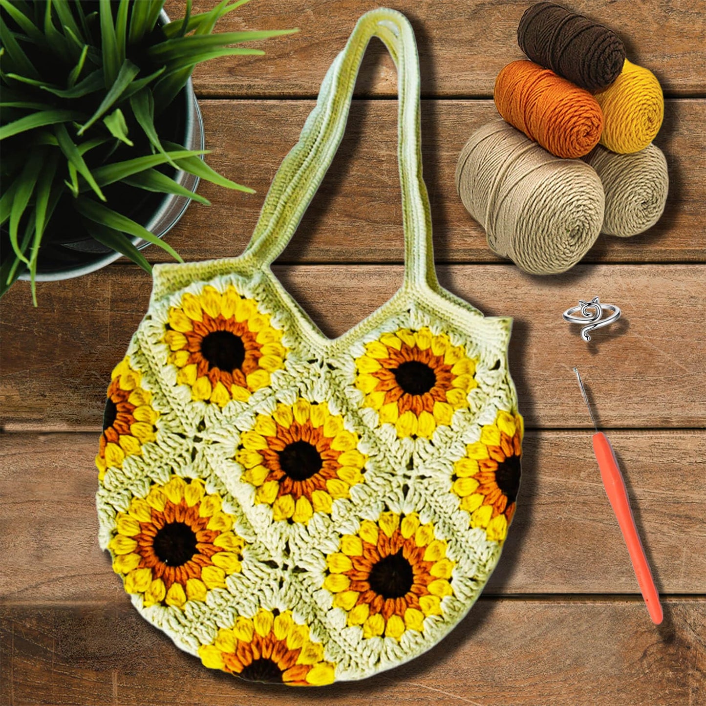Anbaagsky Crochet kit for Beginners Sunflower Tote Bag Granny Square Crochet Tote Bag with Step-by-Step Video Tutorials Knitting Kit Beginner Crochet Kit for Adults