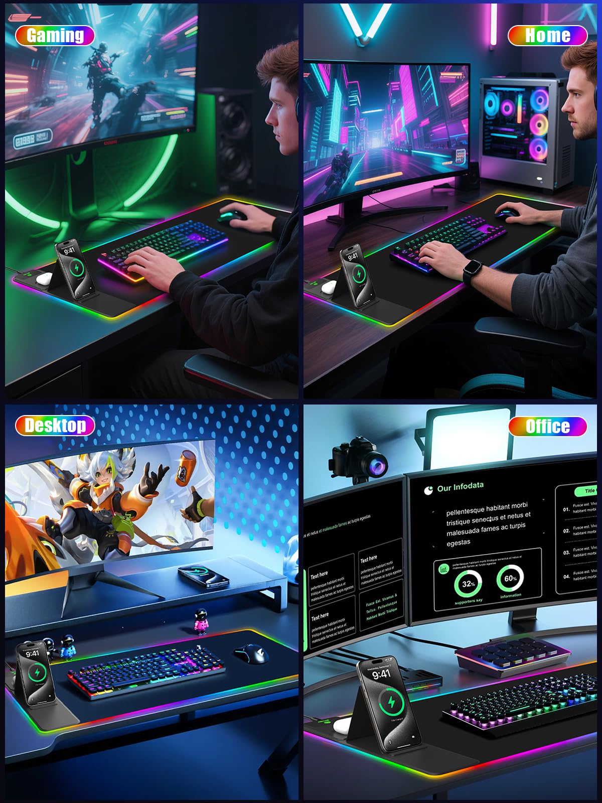 Mouse Pad with Foldable Phone Holder & Wireless Charger, XXL RGB Gaming Mousepad 31.5"x15.8" Large Desk Mat for Keyboard, Black Desk Pad with Dual Qi Charging Station | 11 Colors 5 Modes | Waterproof