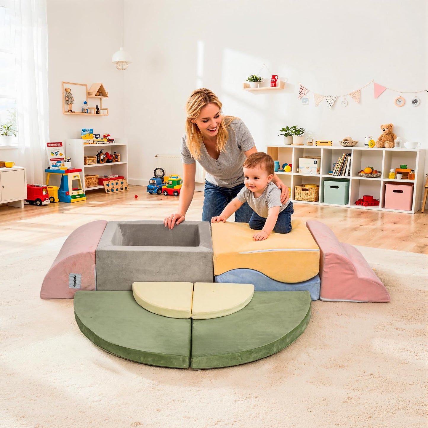 ANGELBECKE Foam Climbing Blocks with Ball Pit for Toddler, 9-Piece Soft Toddlers Climbing Toy Indoor for Kids Crawling, Soft Play Set Playground