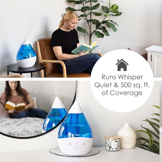 Crane 4-in-1 Drop 2.0 Ultrasonic Cool Mist Humidifier with Sound Machine, Night Light, Aroma Tray, 1 Gallon Top Fill, Blue & White