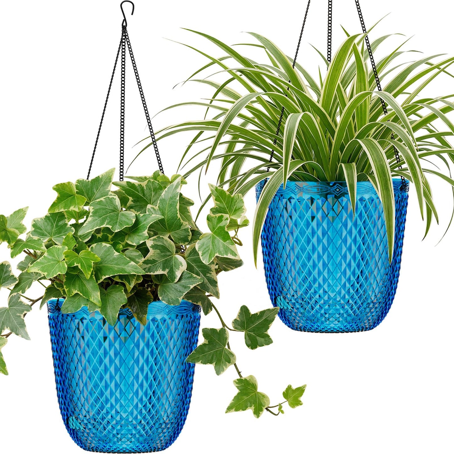 QCQHDU Hanging Planters for Indoor Plants, 2-Pack 5.7 Inch Self Watering Hanging Pots, Plastic Plant Hanger with Drainage Holes and 3 Hooks Chains for Garden Home (Klein Blue)
