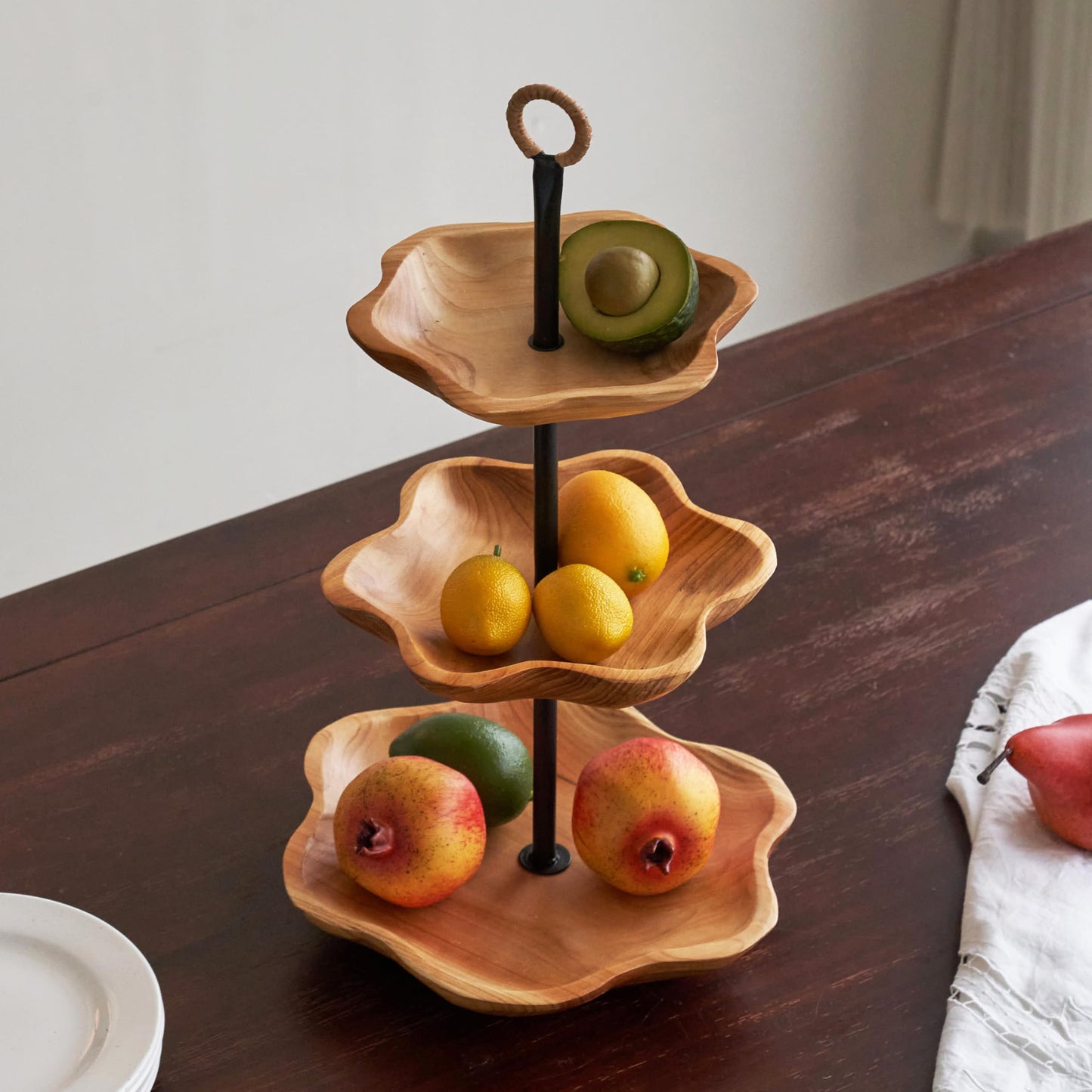 PJCOLL [PJ Collection] 3 Tier Wood Fruit and Snack Basket, Multi-Level Serving Tray, 3 Tier Cupcake Stand, Wood Plate, Three Tier Fruit Stand, Fruit Stand Holder, Handcrafted Home Goods (Round)