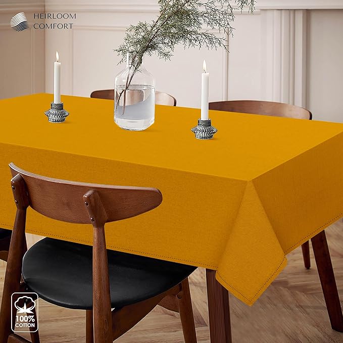 Mustard Yellow Cotton Tablecloth, Table Cloth 52x70 Inch, Fits 4-6 Seats, Soft, Durable, Washable, Wrinkle Resistant, Rectangle Table Cover for Dining, Summer, Festive Meals, Decor