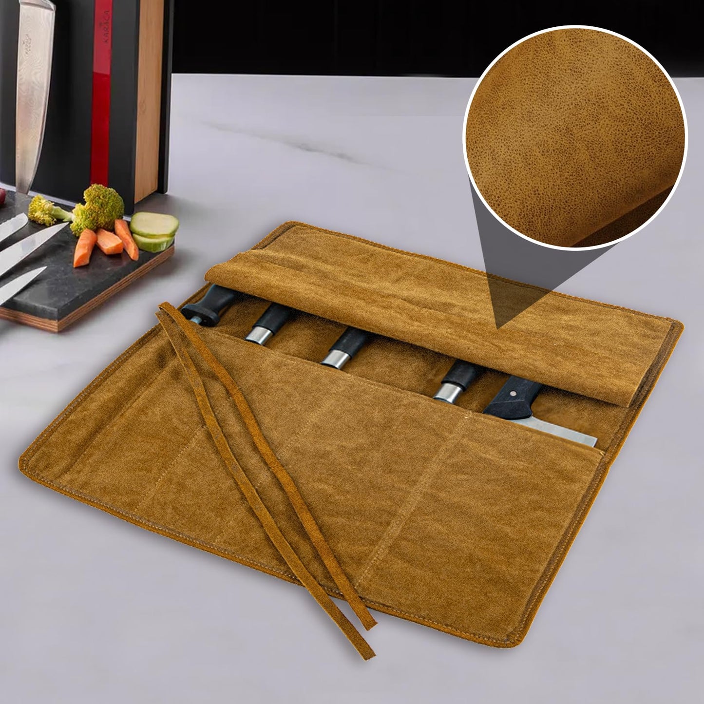 Genuine Leather Knife Roll, Knife Bags for Chefs Professional, Small Chef'S Knife,Knives Holders Protectors with 5 Slots