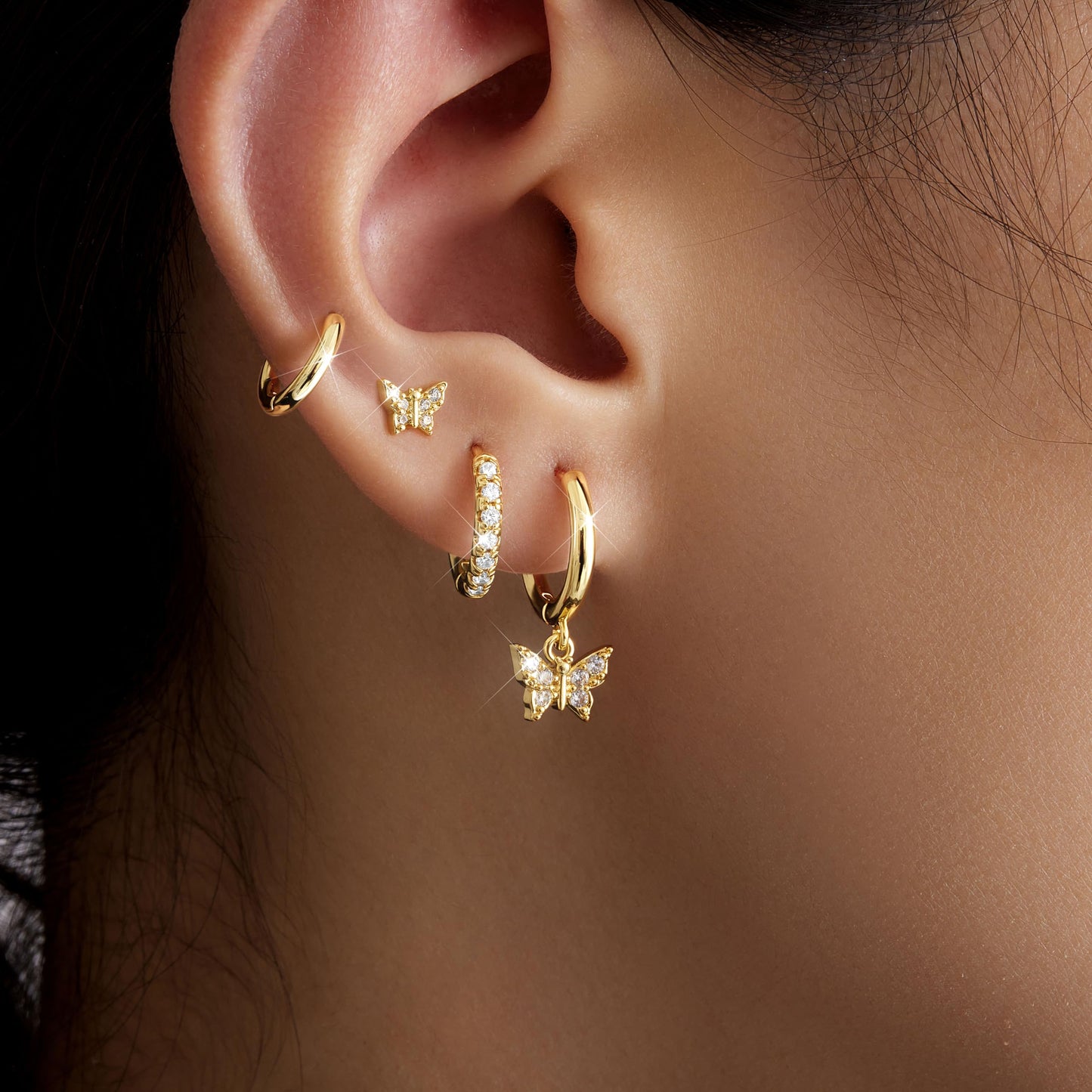 Gold Butterfly Earrings for Women, Huggie Small Stack Cartilage Stud Hoop Earring Sets for Multiple Double Piercing, Conch Helix Rook Tragus Daith Piercing Gold Clip On Jewelry Set Gifts
