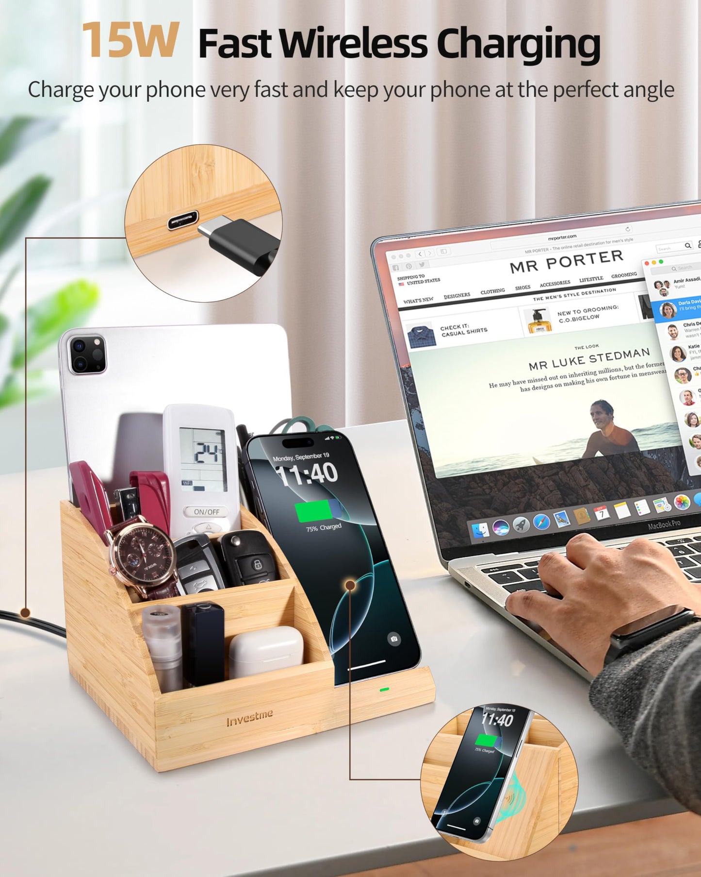 Bamboo Pen Holder with Wireless Charger, Desk Organizer with 5 Compartments for Home Office Supplies Compatible with iPhone & Samsung Series
