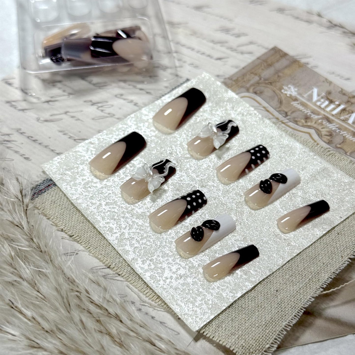 IMRAIN Square Press on Nails Long Fake Nails Brown French Tip False Nails with Polka Dot, Bow, Coffee Bean Design Reusable Artificial Handmade Stick on Nails for Women Manicure