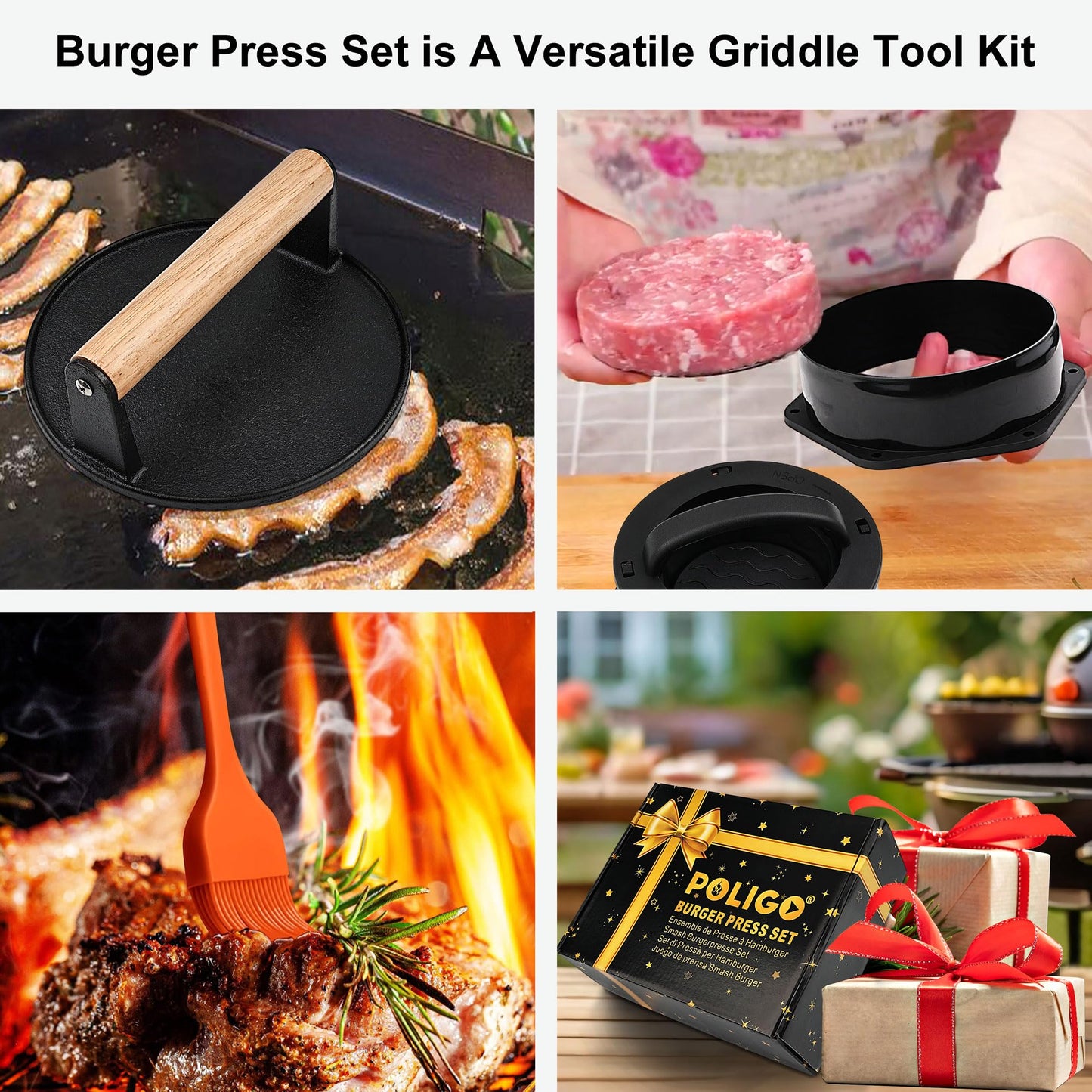 POLIGO Smash Burger Press Kit - 4 in 1 Hamburger Patty Storage Containers, 6.69" Cast Iron Smash Bacon Press - Non Stick Smash Burger Press Set for Grill and Griddle Cooking, Black Round