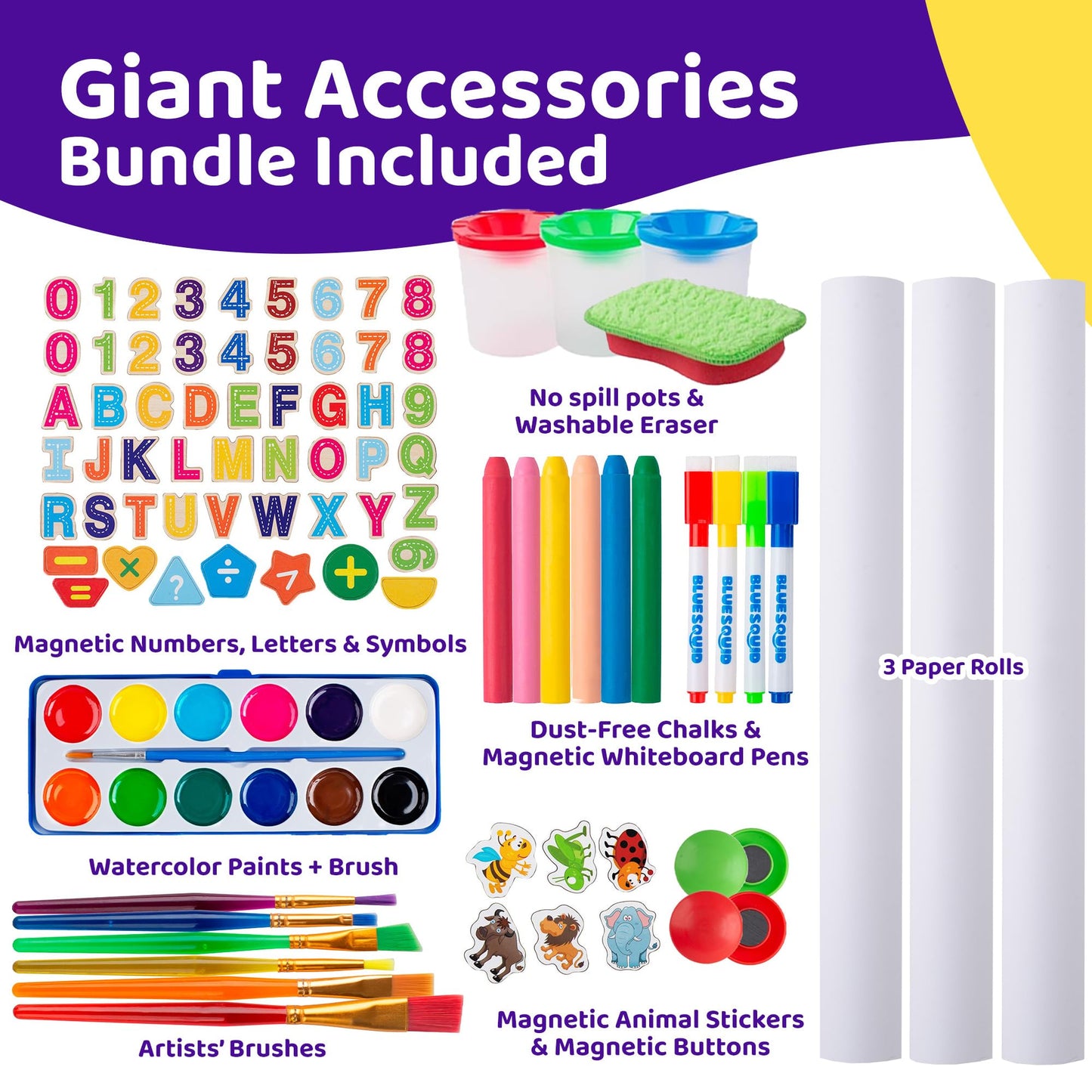 Blue Squid Art Easel for Kids with Paper Roll x 3, Includes 100+ Accessories, Double Sided Adjustable Wooden Painting Easel with Magnetic Chalk Board, White Board for Toddlers Ages 3,4,5,6,7,8,9,10,12
