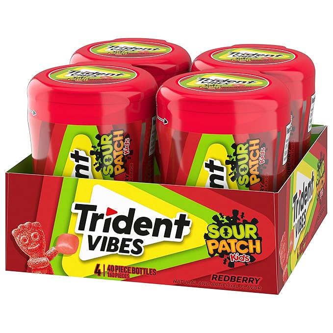Trident Vibes SOUR PATCH KIDS Redberry Sugar-Free Chewing Gum, 4-40 Piece Bottles (160 Total Pieces)