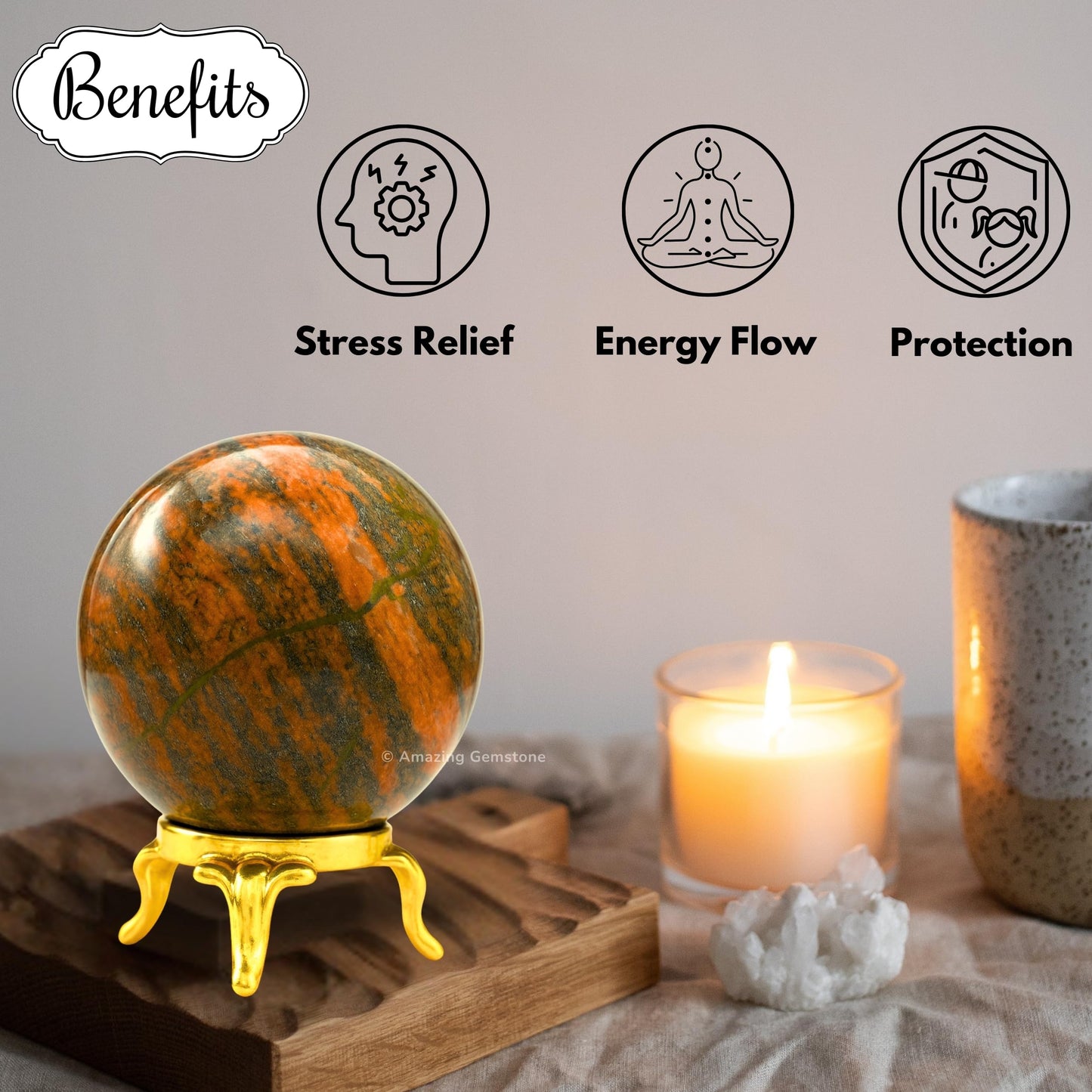 Amazing Gemstone Unakite Crystal Ball with Stand - 2 Inches Crystal Sphere Meditation Balls for Witchcraft and Decorative Balls
