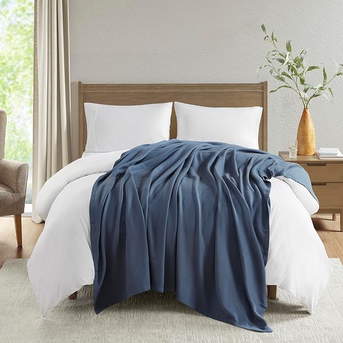 Madison Park Liquid Cotton Blanket Breathable, Softer Ring Spun Weave, Diamond Motif, Luxurious 100% Cotton All Seasons Lightweight Summer Blanket for Bed, Couch, Office, Navy, Full/Queen