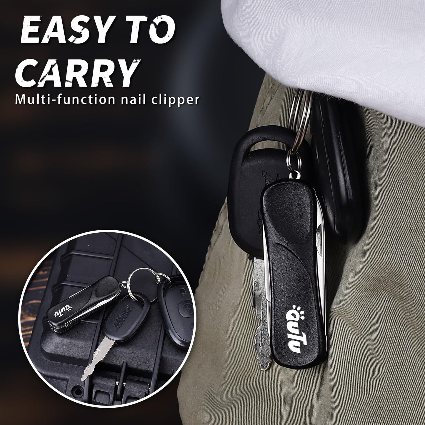 OUTU Keychain Nail Clippers Multitool, 7 in 1 EDC Utility Tool with Nail Clipper, Scissors, Gifts for Him Men Husband Dad Boyfriend (Black)