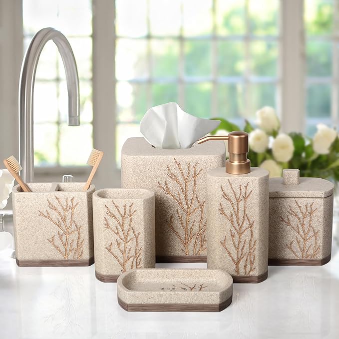 Decozen Bathroom Accessories Set – Soap Dispenser, Toothbrush Holder, Tumbler, Soap Dish, Cotton Swab Jar & Toilet Brush – Modern Bathroom Decor Set 6-Pcs (Kent)