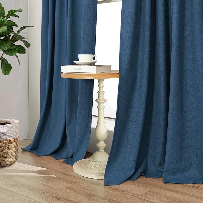 Navy Blue Black Out Curtains 96 Inches Long 2 Panels Linen Textured Blackout Window Treatment Drapes Living Room Darkening Thermal Patio Sliding Glass Door Curtains for Bedroom Dark Indigo 96 Length