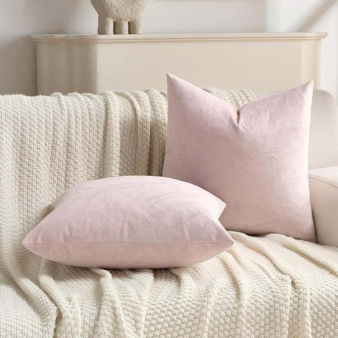 FUTEI Pink Velvet Throw Pillow Covers 20x20 Inch Set of 2,Soft Embossed Leaf-Relief Textured Cushion Cases,Natural Home Decor for Couch Living Room