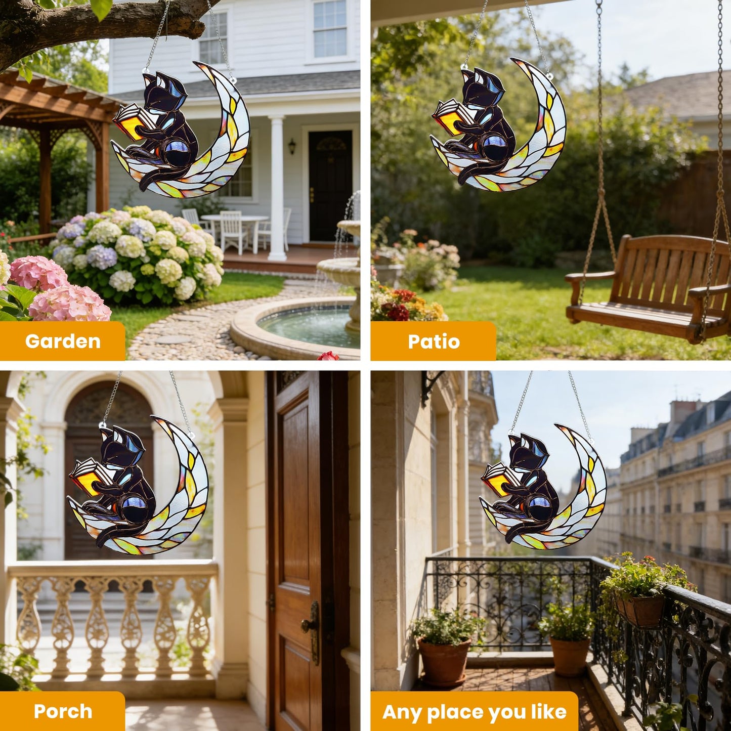 EOBROMD Stained Glass Window Hanging Suncatcher, Black Cat and Moon Double Side Glass Panel Sun Catchers, Handmade Decor Birthday Gifts for Women, Men, Mom, Couples and Lovers 7.8x7.8 inch