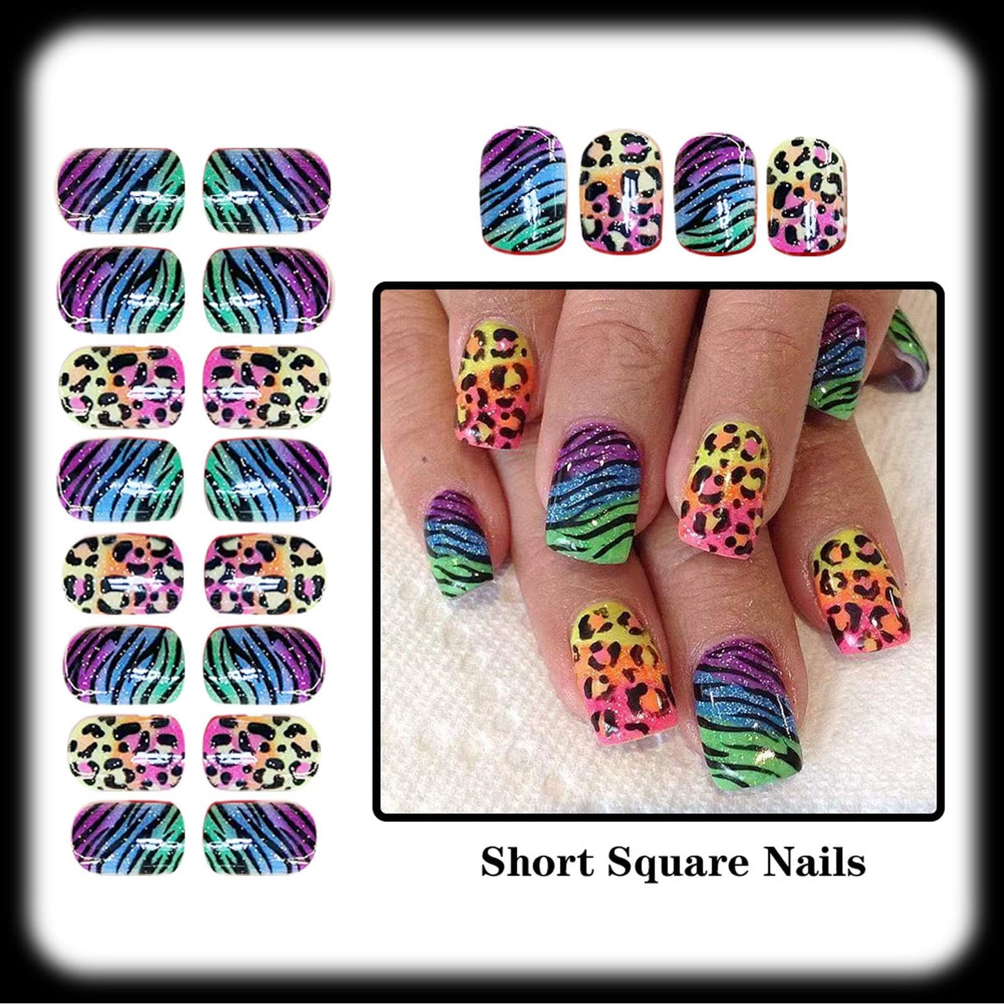 Rainbow Leopard Print Press on Nails for Women Glue on Nails Short Square Fake Nail, with Neon Gradient Glitter Designs Colorful False Nail Press ons Artificial Acrylic Kit for Women 24Pcs