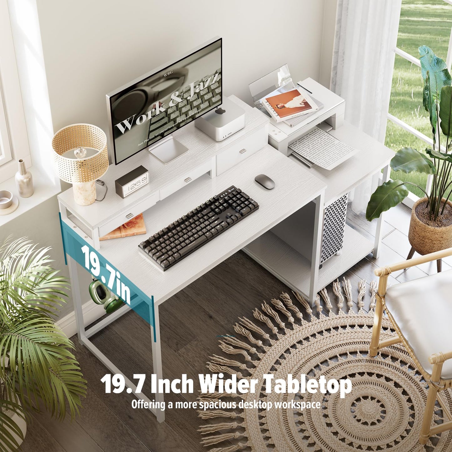 SINPAID 47 inch Computer Desk with Printer Shelf, Gaming Desk with Monitor Stand and Drawers, Reversible Home Office Desk with Storage Shelves and 2 Hooks, Home Workstation for Study Writing, White