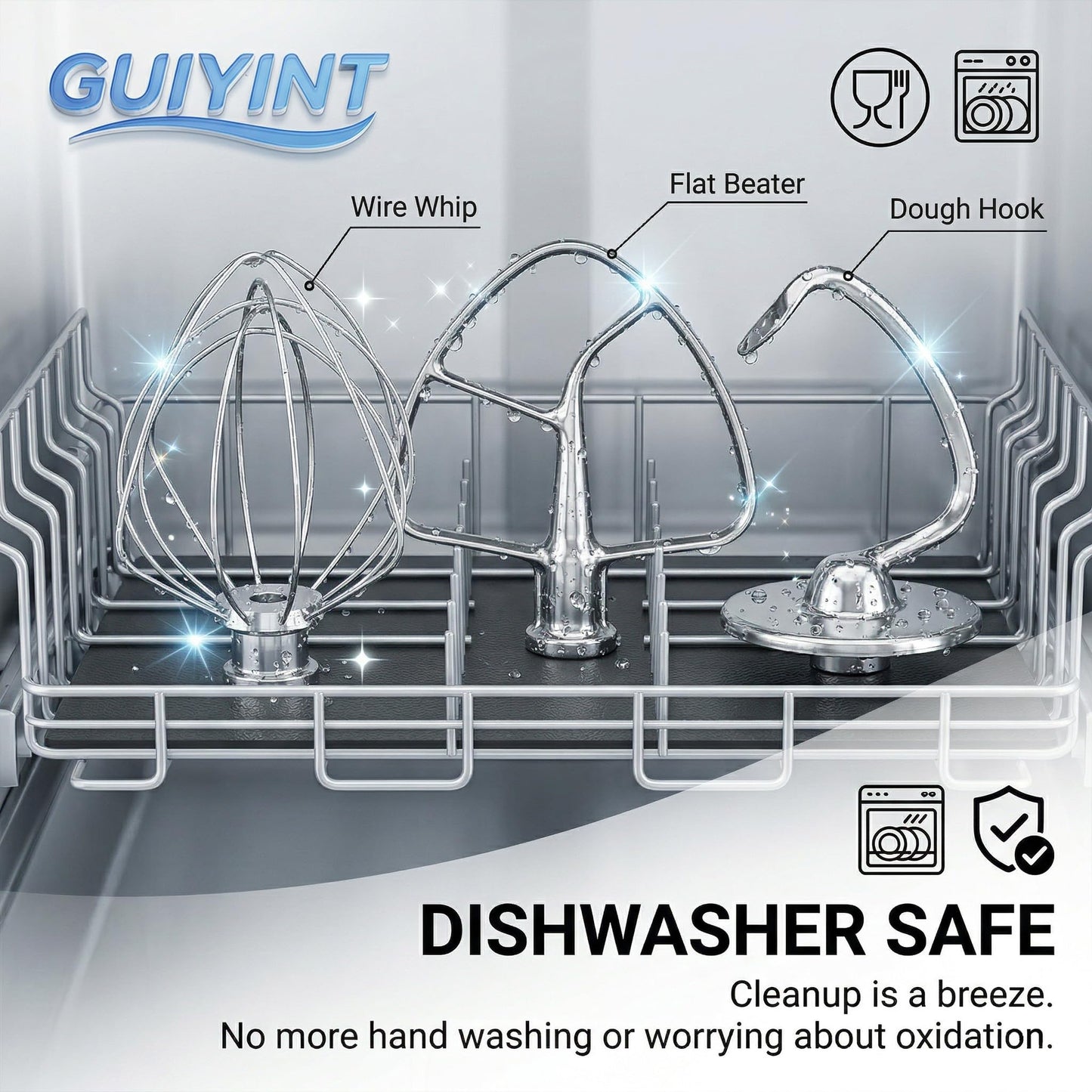 Guiyint Stainless Steel 3 Piece Mixer Attachments Kit – Replacement for KitchenAid Tilt-Head & Bowl-Lift Stand Mixers (4.5, 5, 6 Quart) – Includes Dough Hook, Flat Beater, 6-Wire Whisk