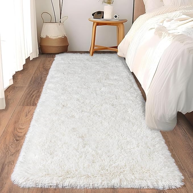 Ultra Soft Runner Rugs for Bedroom Hallways with Upgraded Non-Slip Rubber Backing & Thick Memory Sponge, 2 Packs 2x6 Feet Fluffy Shag Throw Area Rug for Bedside Dorm Cream