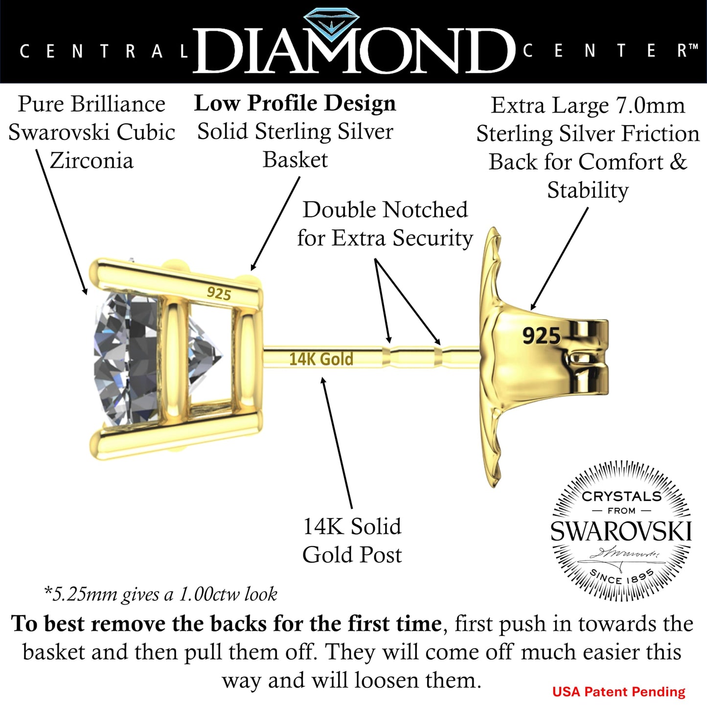 Central Diamond Center 14K Solid Gold Post & Sterling Silver Made with Swarovski 4 Prong CZ Stud Earrings - Yellow Gold Plated - 5.25mm - 1.00cttw