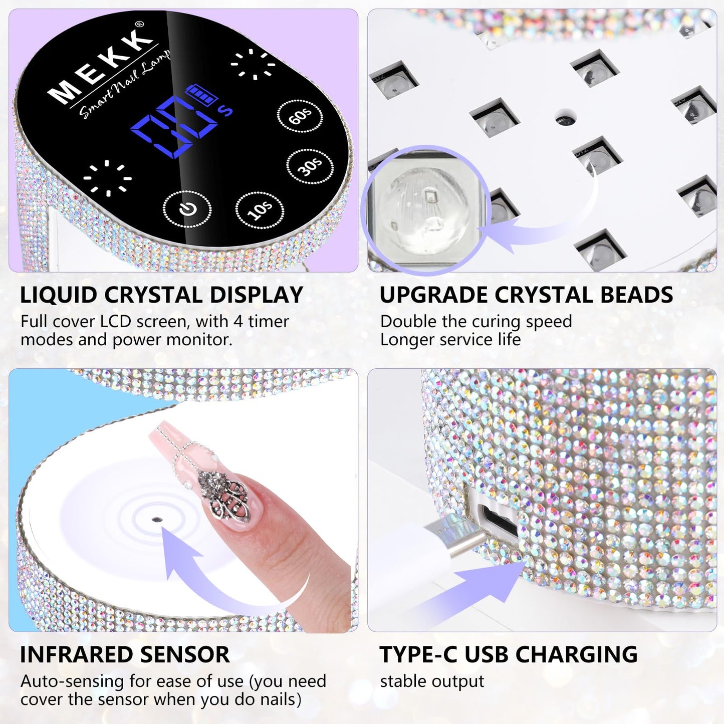 MEKK Cordless Mini UV Light for Gel Nails - 24W Rechargeable Mini UV LED Nail Lamp with Touch Control & Auto Sensor,Small Flash Cure Lamp,4 Timers,Portable Nail Light for Tavel & Home Use-Diamond