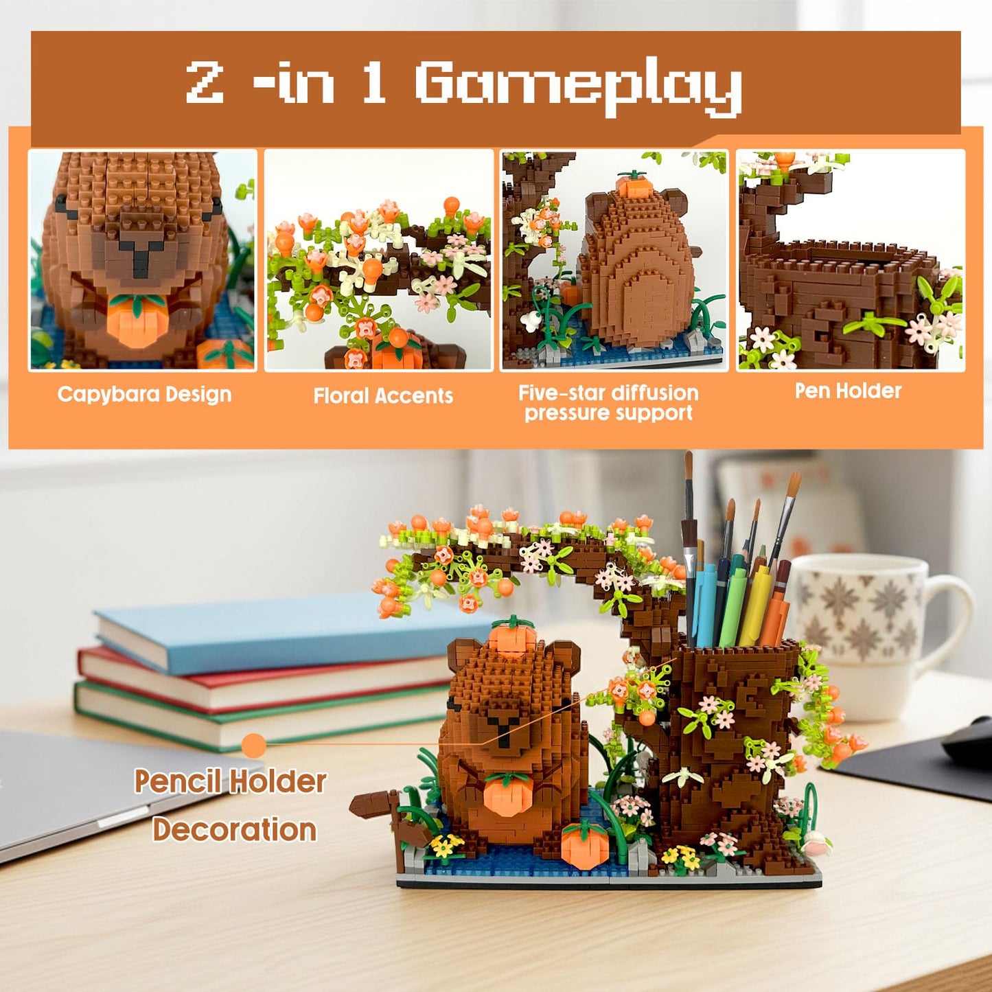 Bonifunt Capybara Building Blocks, 1800 PCS Capybara Micro Building Block Sets, Capibara Pen Holder, Gifts for Adults