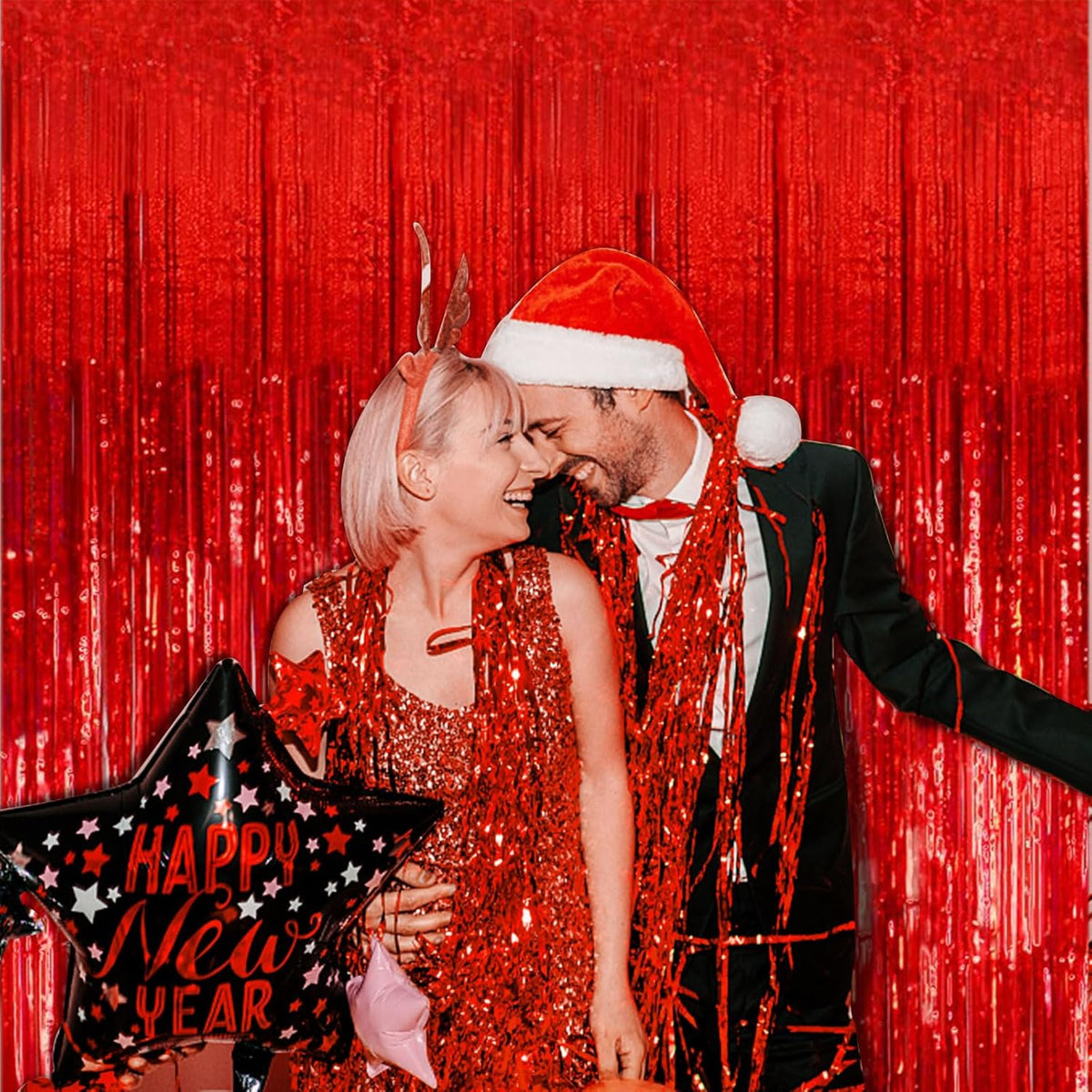 2 Pack Foil Curtain Backdrop Red Metallic Tinsel Foil Fringe Curtains Photo Booth Props for Birthday Wedding Engagement Baby Shower Bachelorette Christmas Holiday Celebration Party Decorations