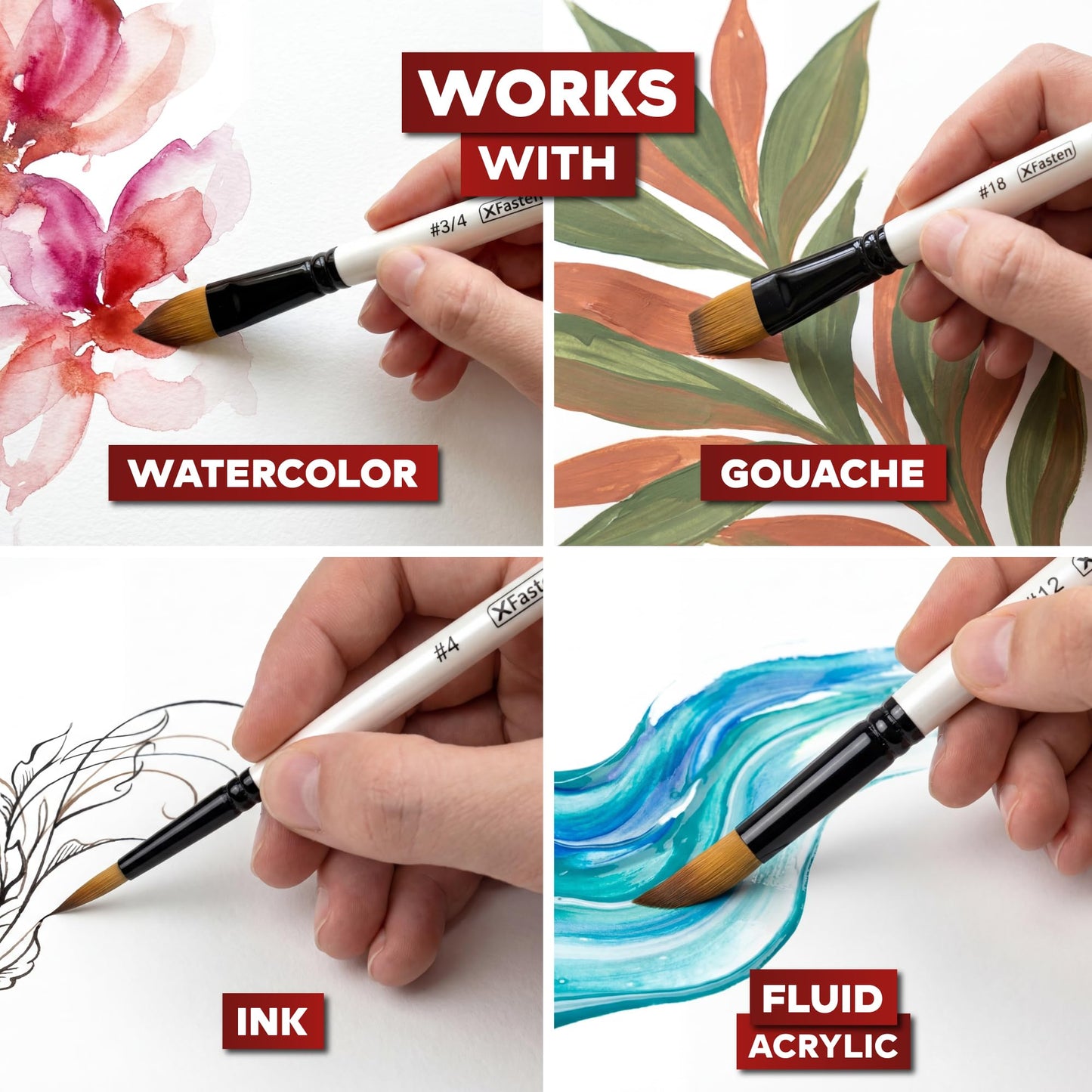 XFasten Watercolor Brushes Professional Set of 10, Synthetic Squirrel Hair Artist Watercolor Paint Brushes Set for Adults and Beginners, Gouache, Ink - Includes Round, Flat, Dagger, and Wash Brush