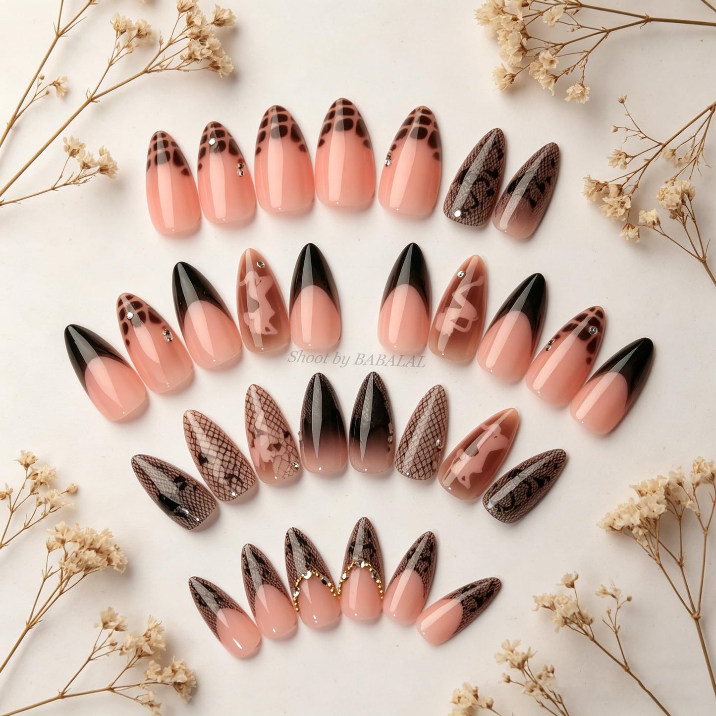 BABALAL Dark Coquette Press On Nails, Almond Fake Nails with Black Lace & Rhinestone, Nude Pink Ombre Acrylic Stick On Nails for Women 24Pcs
