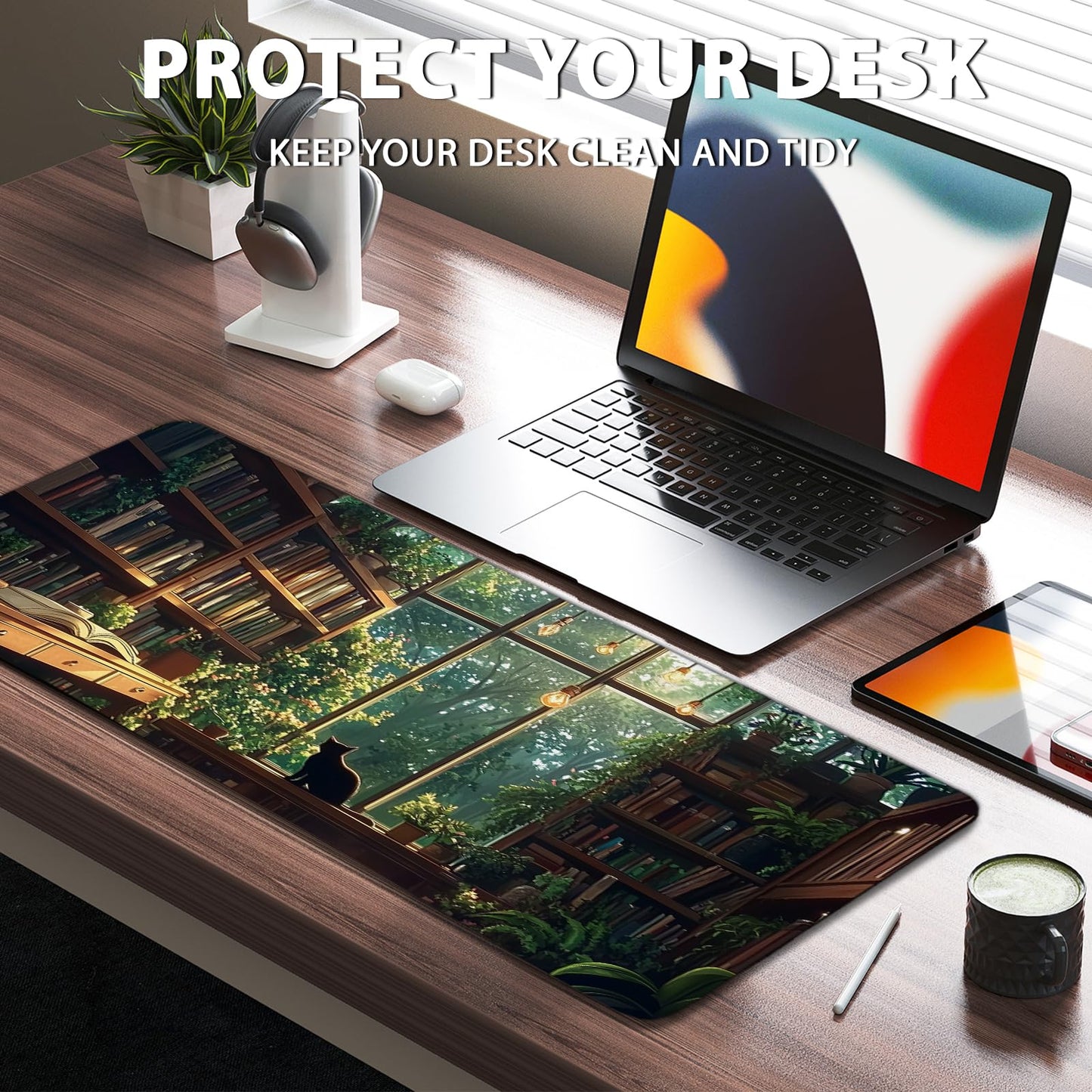 Green Plants Cat Gaming Mouse Pads Large, Full Cat Mousepad Cut, Computer Keyboard Desk Accessories Mat with Non Slip Base Stitched Edge, Gift for Cats Lovers Gift for Christmas 11.8”x 31.4”XL