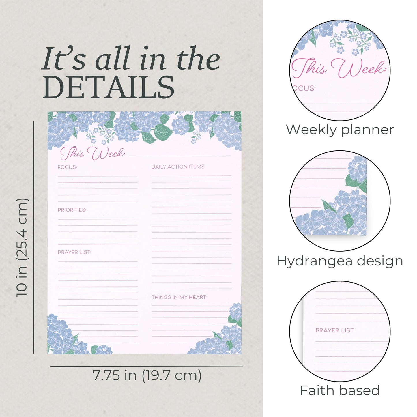 Steel Mill & Co 10" x 7.75" Planner Notepad, Faith-Based Undated Weekly Planner with 52 Sheets, Guided Prompts for Focus, Priorities, Prayers & Daily Actions, Desk Pad Organizer for Women (Blue Hydrangeas)
