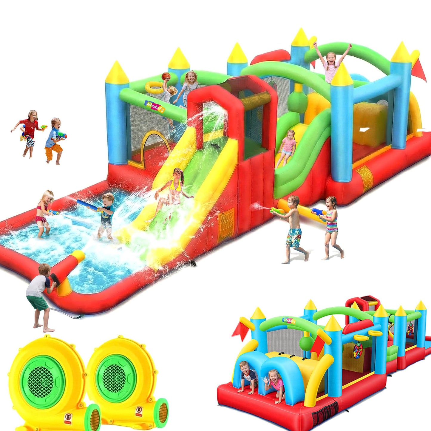 Giant 29FT Wate Slide Bounce House Detachable (15.3+13.5FT) Combo, Obstacle Course & Waterslide, Tunnel/Jumping Area/Spalish Pool, Bouncy Castle for Summer Fun, Inflatable Water Park Holds 10 Kids