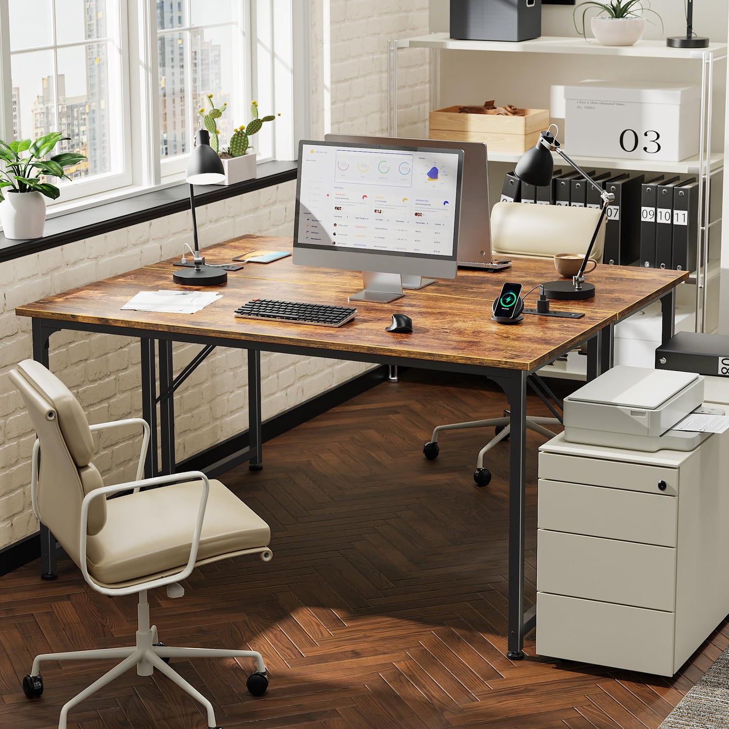 PRAISUN 55 X 20 Inch Office Computer Desk with Power Outlets and USB-C Port, Larger and Longer Gaming Desk, for Home Office, Study, Bedroom, Writing Work from Home Table, Metal Frame, Rustic Brown