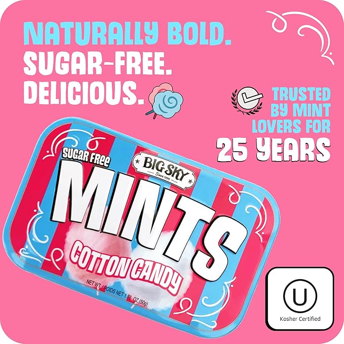 Big Sky Sugar Free Mints Cotton Candy | Sugarfree, No Artificial Colors or Flavors | Kosher Certified, Vegan, Gluten Free | Aspartame & Xylitol Free | 50 Count Tin (Pack of 6)