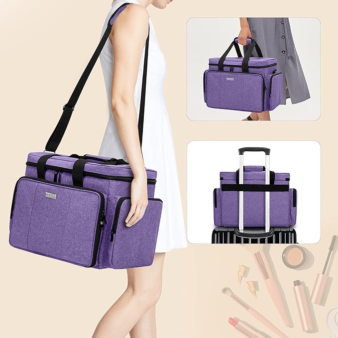 BAFASO Large Makeup Bag Cosmetic Bag with Removable Dividers, Travel Makeup Case Holds Cosmetics and Hair Supplies, Purple