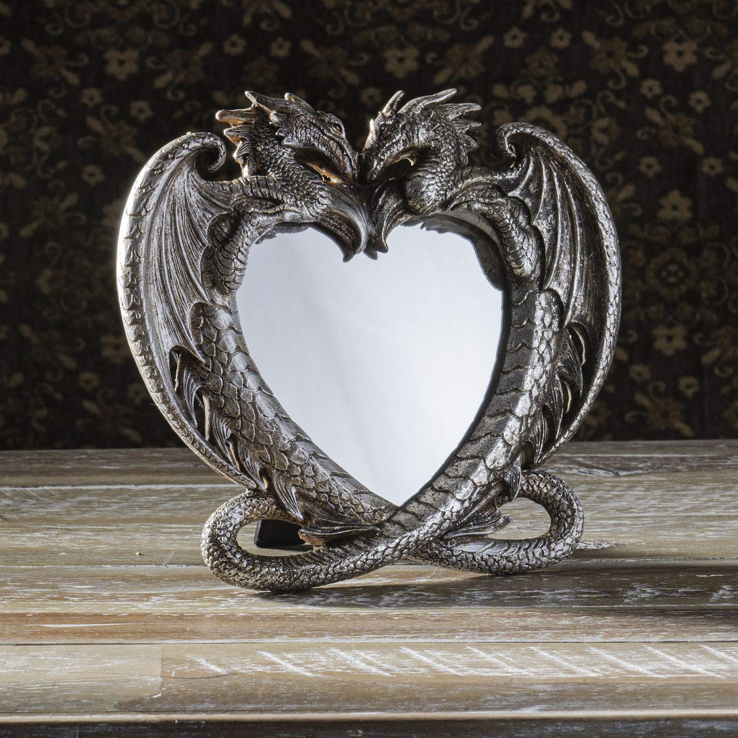 Pacific Trading Gothic Heart Shaped Dragon Mirror, Collectible Medieval Home Accent Décor Resin Piece for Wall or Tabletop Shelf, 6.3 x 5.91 Inches