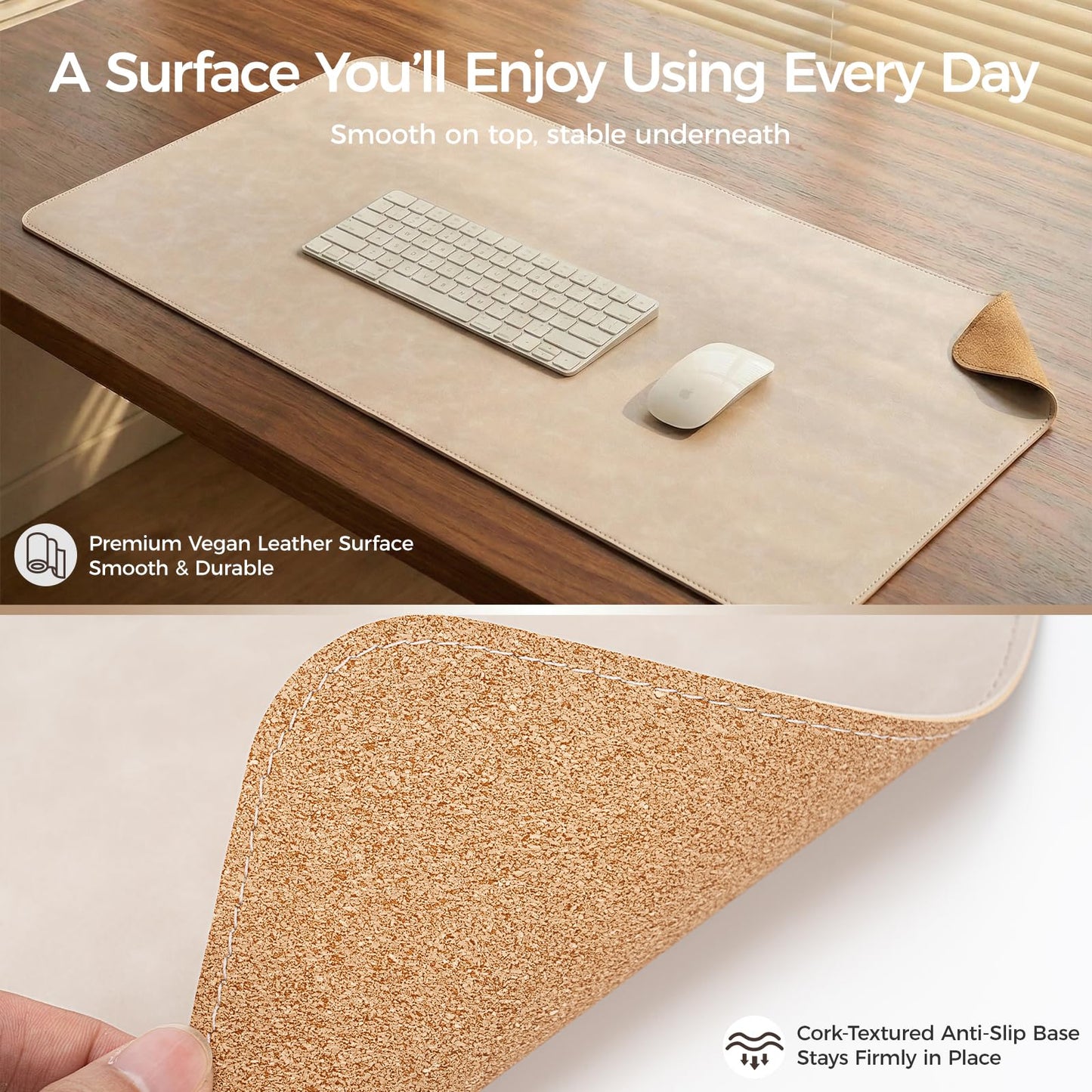 Premium Faux Leather Desk Mat & Tray Set，Innovative Cork-Look Printed Base，Gift Tube Packaging，Full-Desk Coverage，Non-Slip Desk Pad for Office Home（Warm Beige）