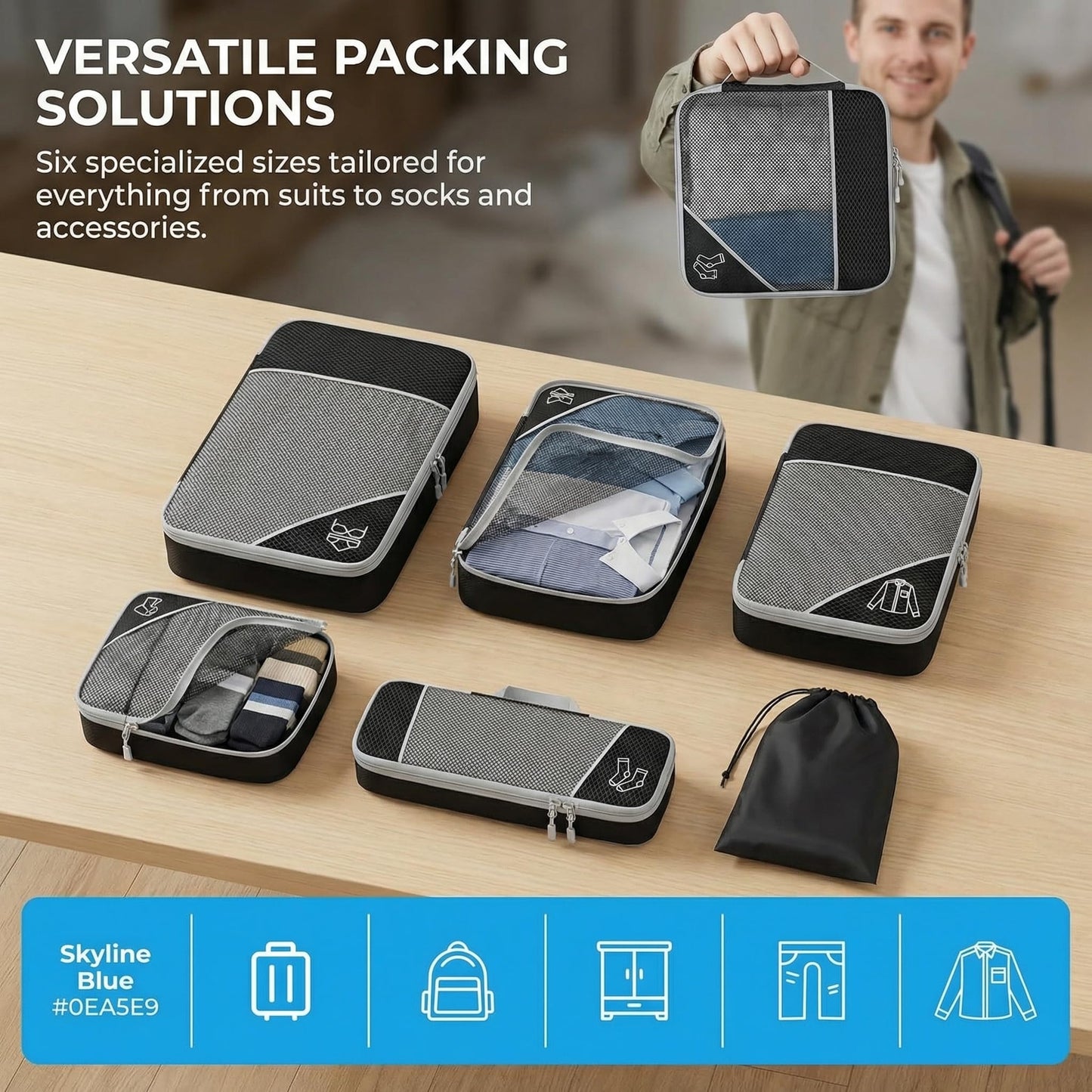 6Pcs Compression Packing Cubes Set, Waterproof Travel Luggage Organizer with Drawstring Bag, Lightweight Nylon Suitcase Storage Bags for Travel Camping Business Trip