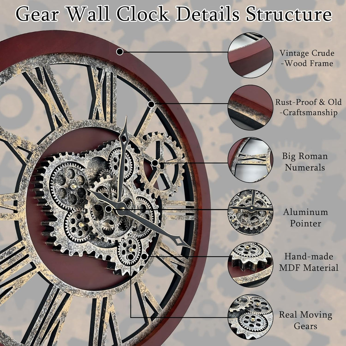 HOIBAI Large Wall Clock, 18 Inch Wall Clocks for Living Room Decor Farmhouse Vintage Rustic Kitchen Wall Decor Vintage Roman Big Oversized Wall Clock for Home Bedroom House Office, Moving Gears Clock
