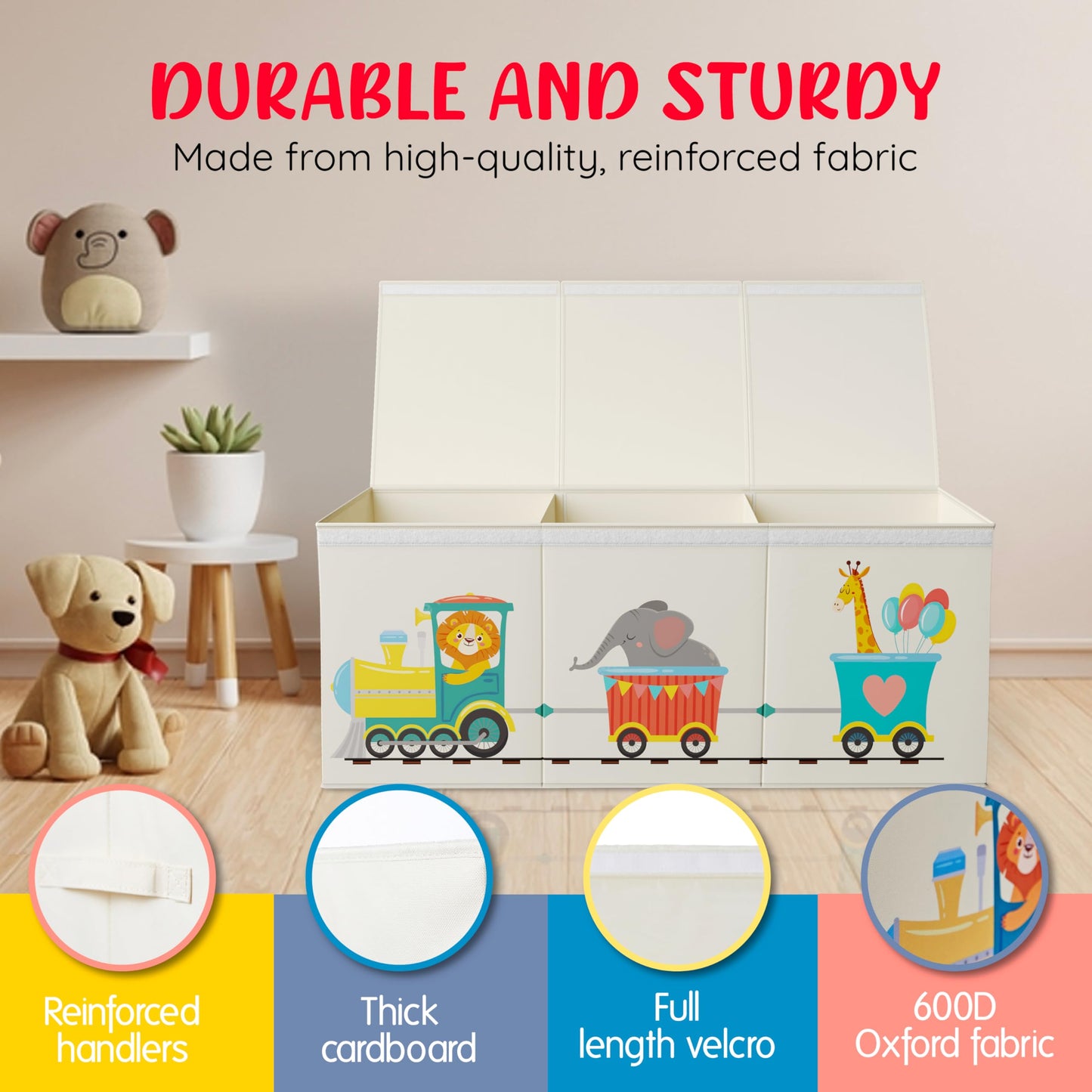 Rossoff Extra Large Collapsible Sturdy Toy Storage Organizer with Lids, Animal Train Toy Box for Boys Girls, 40"x16"x16", Modern, Beige