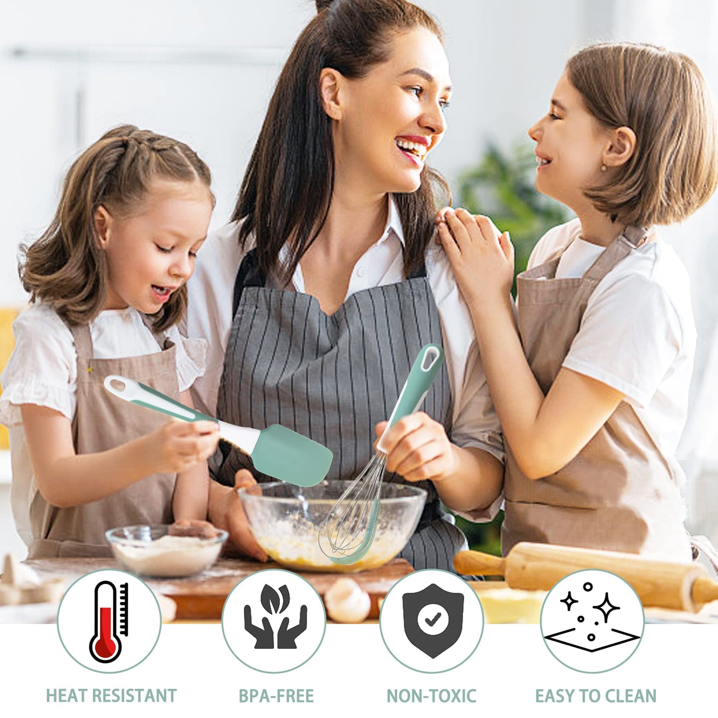 XoYoZo Silicone Kitchen Cooking Utensils Set Heat Resistant, 5 Pcs Silicone Spatula Set for Baking Cooking Mixing, Silicone Cooking Utensils Set for Nonstick Cookware, Dishwasher Safe (Green), Medium