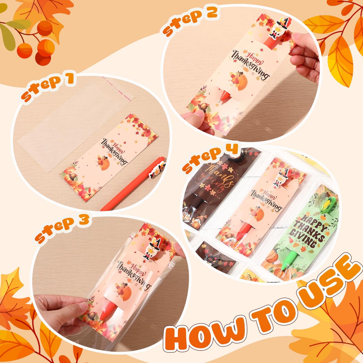 Engrowtic 24 Pcs Thanksgiving Day Gift Thanksgiving Cards with Pens Cute Cartoon Retractable Black Ink Pens Fall Greeting Card for Fall Party Favor Office School Supplies