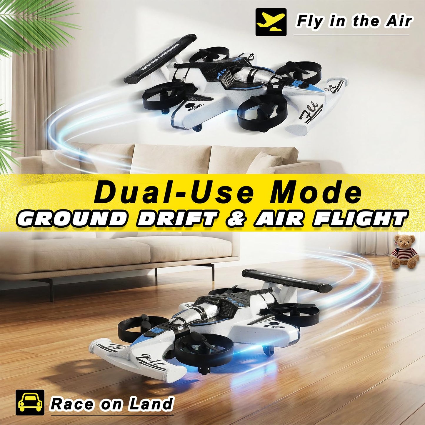 2-in-1 Flying Car & Stunt Drone, Racing Drift Aircraft，2in1 RC Quadcopter & Flying Car Toys for Age 14 Boys Small Micro Indoor Remote Control Flying Car Toy (White)