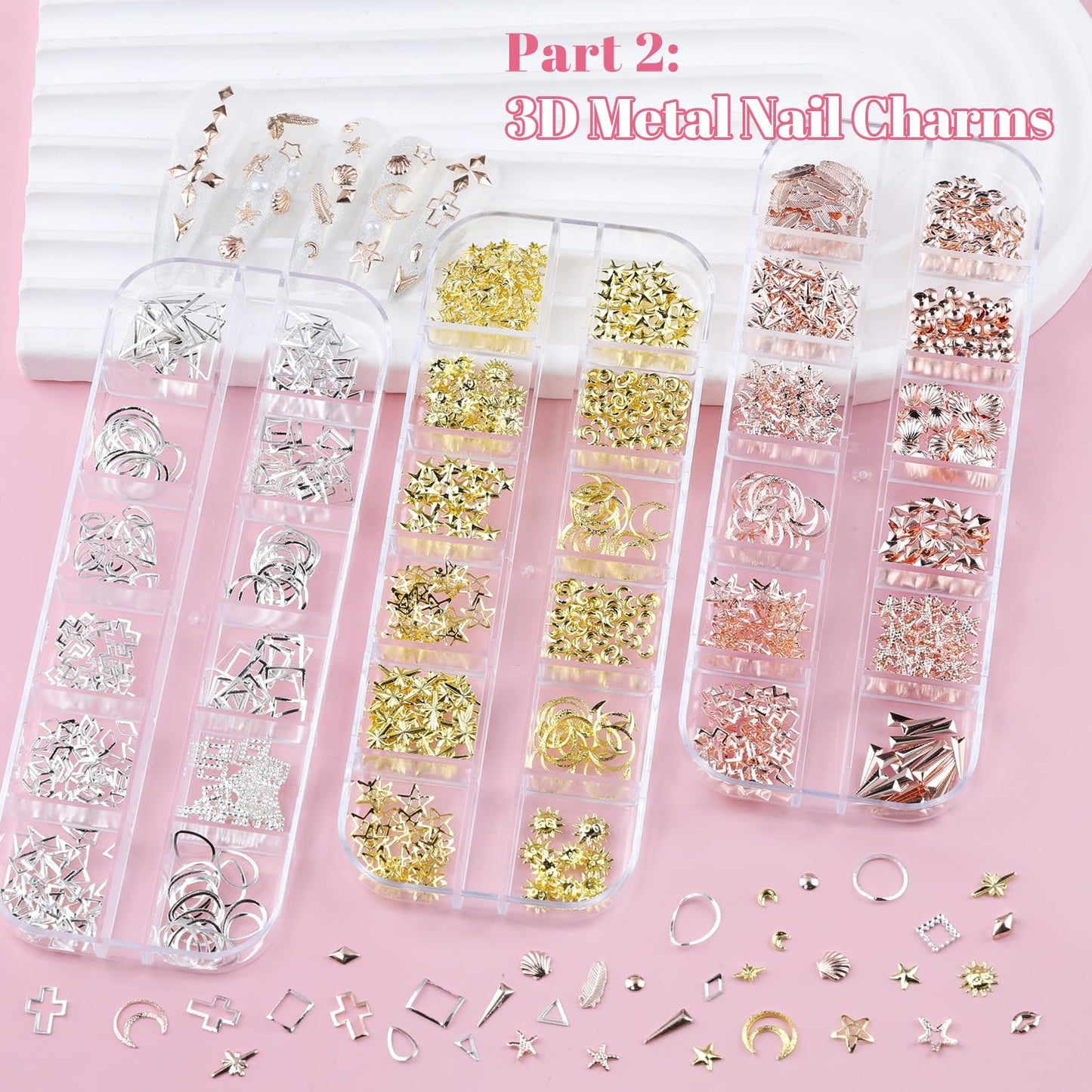 Kikonoke 10 Boxes Nail Art Kit - 12 Colors Pointed/Flatback Rhinestones, 3D Gold/Silver/Rose Nail Studs, White Beige Half Pearls, Holographic Glitter & Foils + 3 Tools for DIY Nail Art Jewels & Crafts